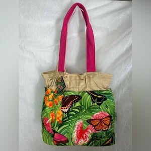 Guy Harvey Monarch Canvas Tropical Butterfly Tote Bag in Pink and Green